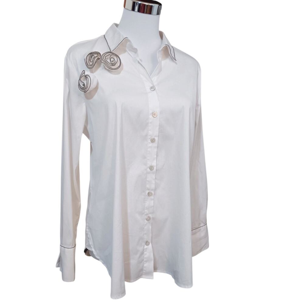 CHICO'S‎ 1.5 Button Blouse Top White Shirt M/10 Artsy Western Country Flowers